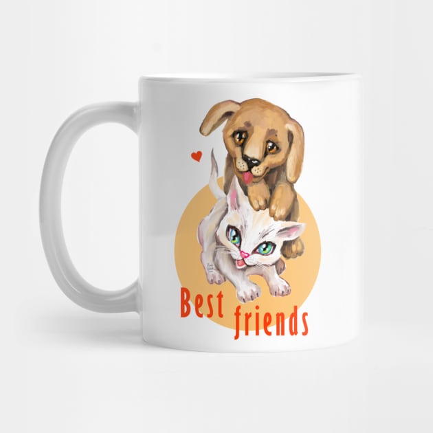 Cute small cat and dog. Sweet little baby pets. Kitten and puppy friends. by Rukki Zukki Art